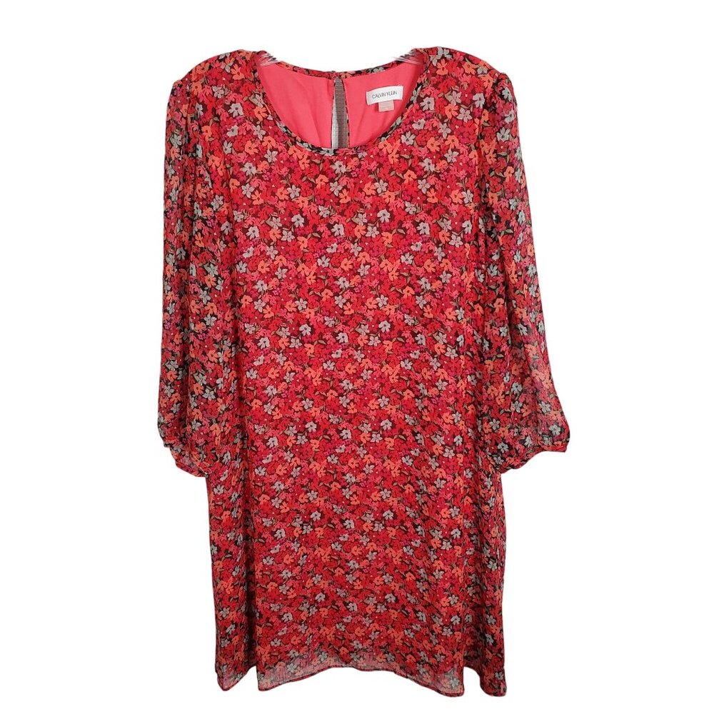 Calvin Klein Womens Size 14 Dress Floral Crinkle Chiffon Long Puff Sleeve